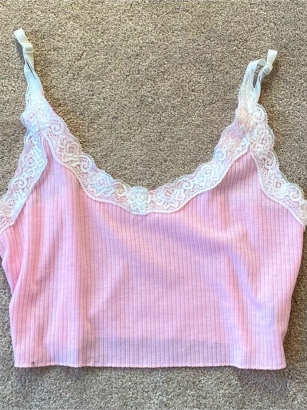 SHEIN Pink Ribbed Lace-Trim Camisole
